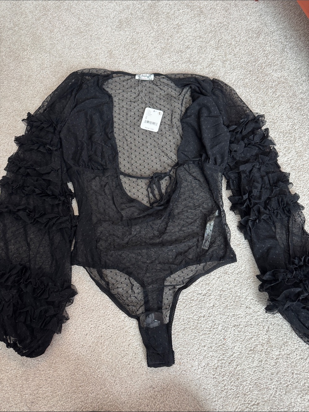 Free People Black Sheer Ruffle-Sleeve Bodysuit